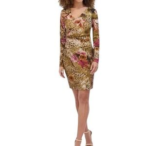Siena Women Bodycon Dress Floral Leopard Print Mesh V-Neck Long Sleeve Brown 14
